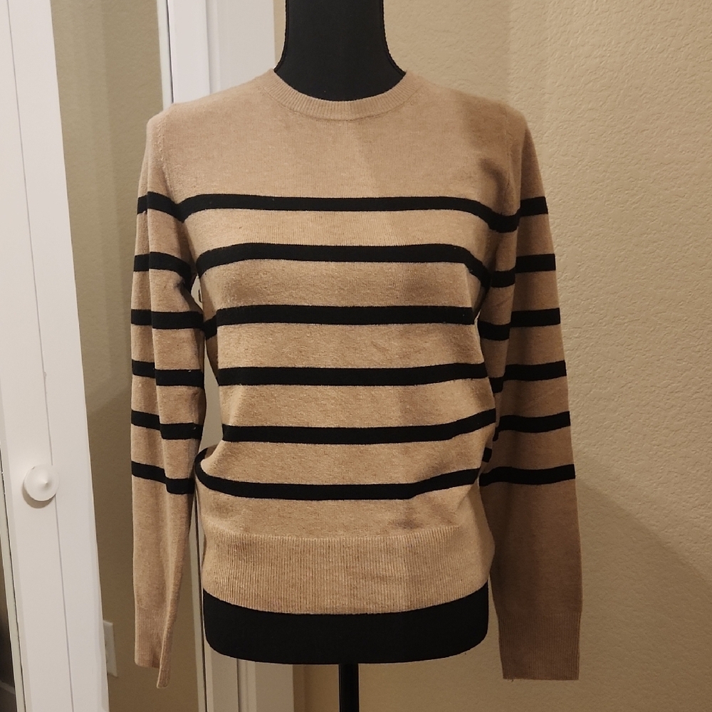 A New Day Tan and Black Striped Crew Neck Sweater